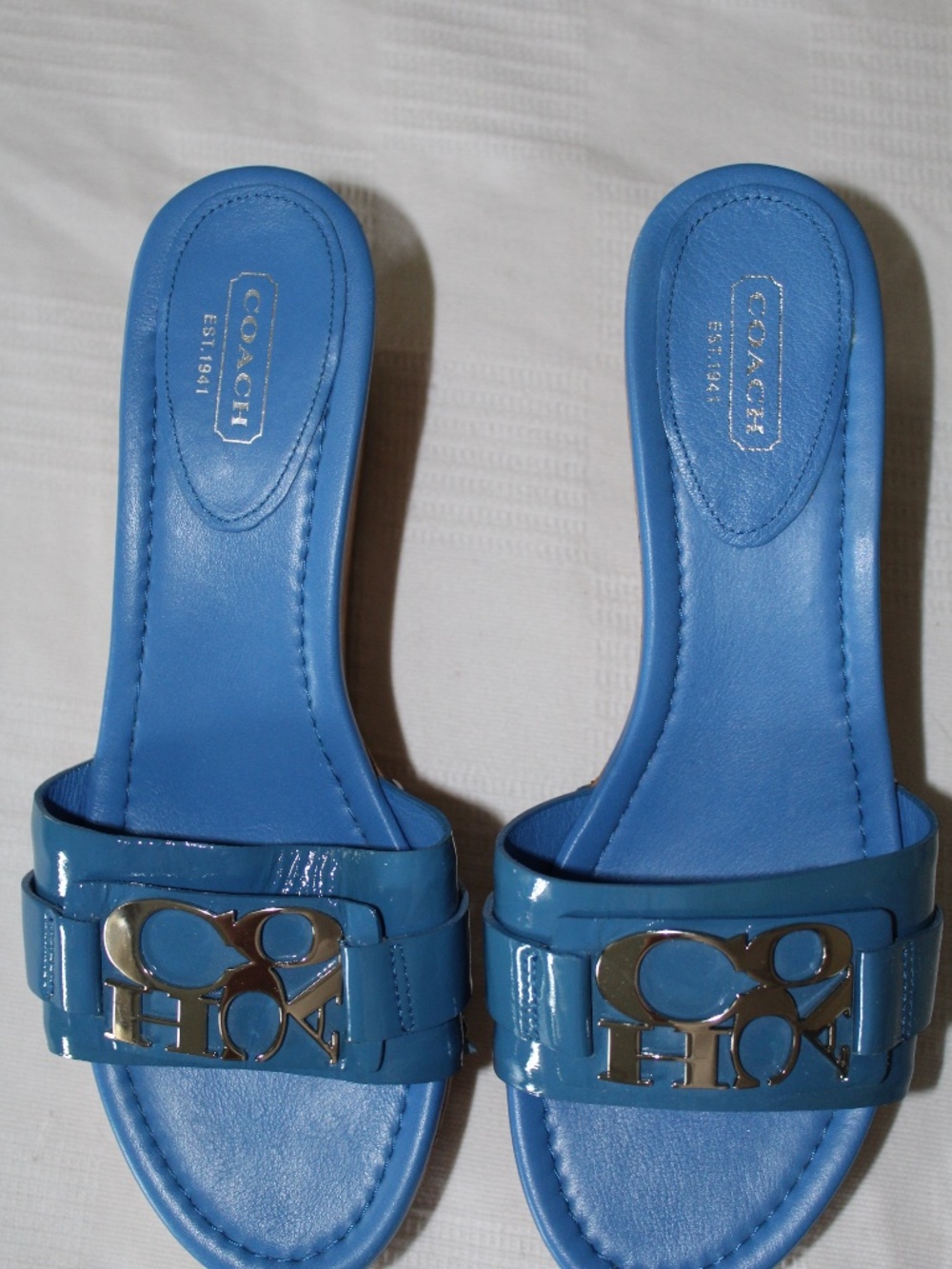 COACH Royal Blue Patent Leather Cork Wedge Platform Sandals 8B - Picture 2 of 9